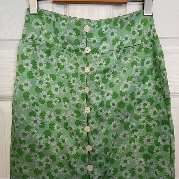 SANDRO Paris Silk & Linen Green Long Floral Print Botton Skirt with slit 0 - Picture 5 of 12
